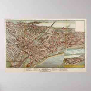 Poster Mapa Pictórico Vintage de Kansas City MO (1895)