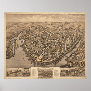 Poster Mapa Pictórico Vintage de New London CT (1876)