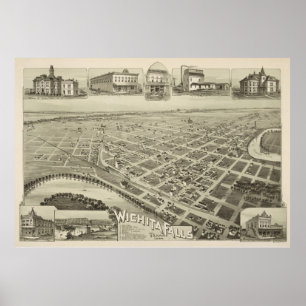 Póster Mapa Pictórico Vintage de Wichita Cai TX (1890)