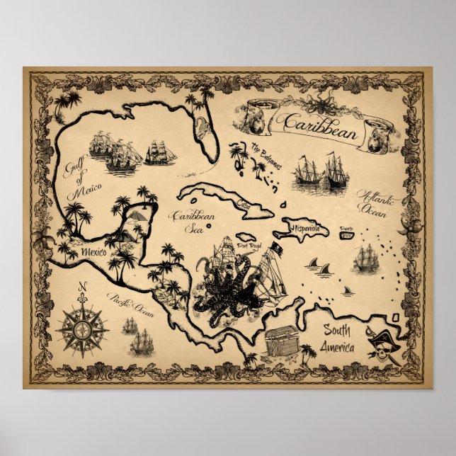 Póster Mapa Pirata do Caribe com Kraken (Frente)