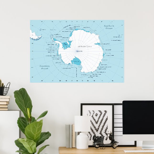 Poster Mapa Polar Detalhado da Antártida e Arredores (Escritório em casa)