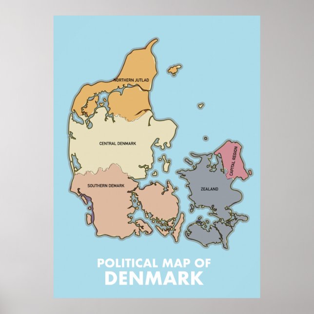 Poster Mapa político da Dinamarca (Frente)