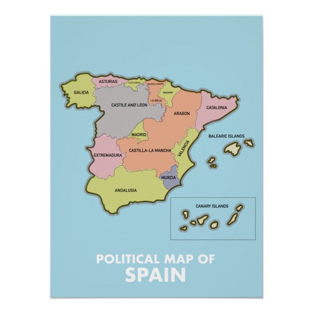 Mapa Portugal Espanha Politico Peninsula Politico Poster Esc