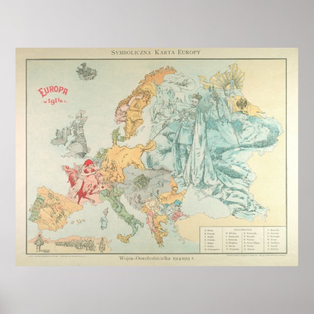 Poster Mapa político da Europa Vintage WI (1915) (Frente)