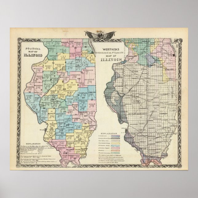 Póster Mapa político de Illinois (Frente)