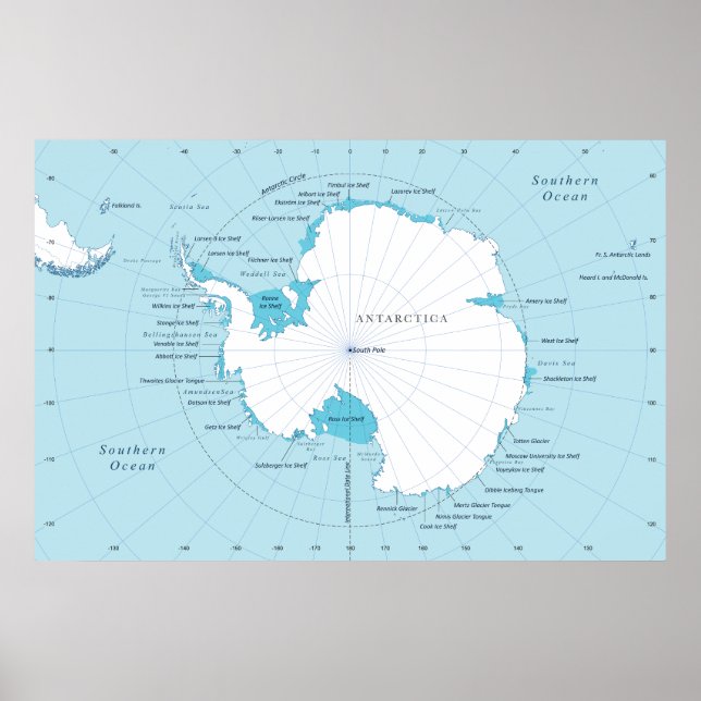 Poster Mapa político do continente da Antártida. (Frente)