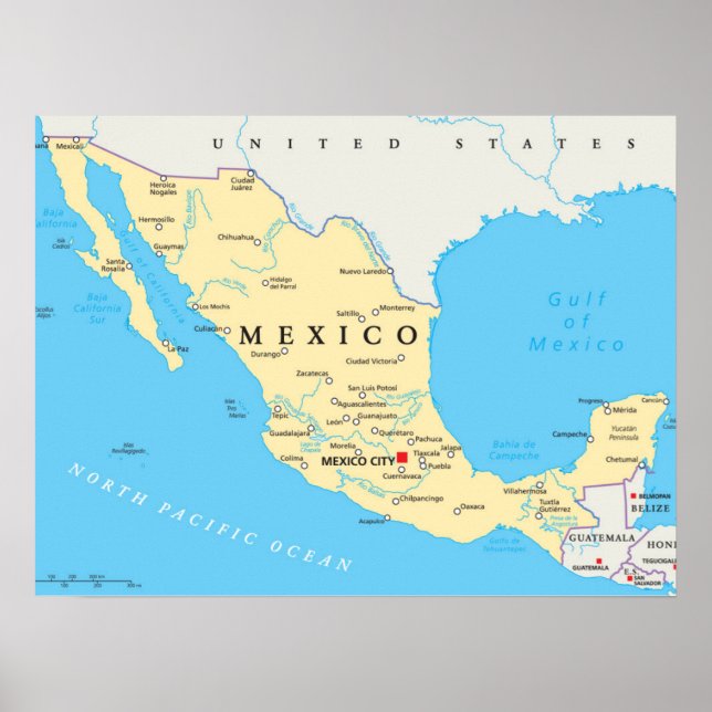 Póster Mapa Político do México (Frente)