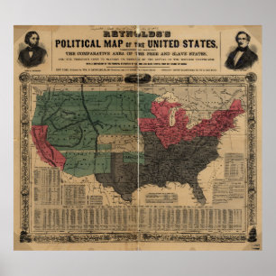 Póster Mapa político do vintage dos Estados Unidos (1856