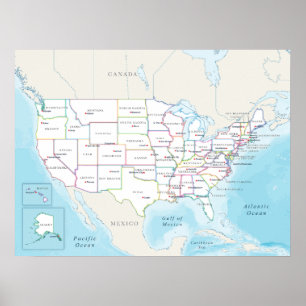 Poster Mapa político dos Estados Unidos com capitais