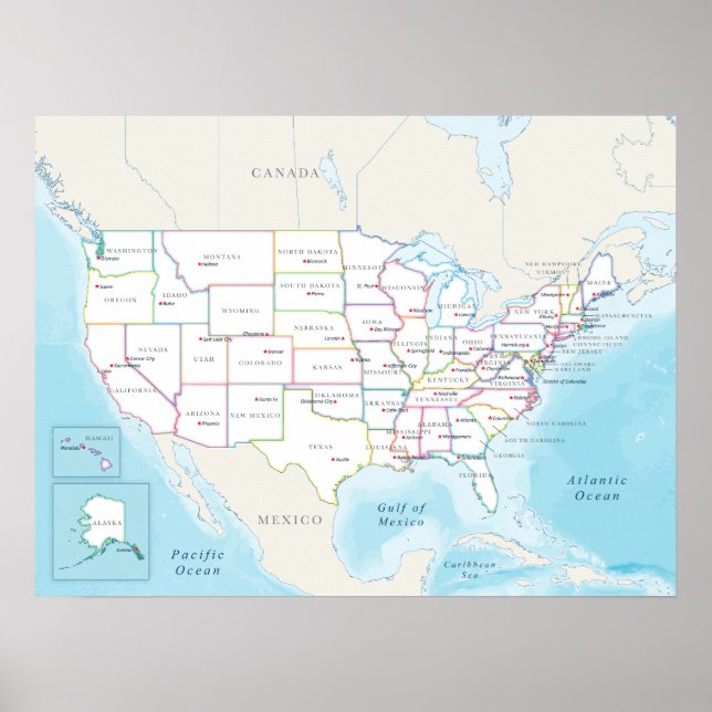 Poster Mapa político dos Estados Unidos com capitais (Frente)