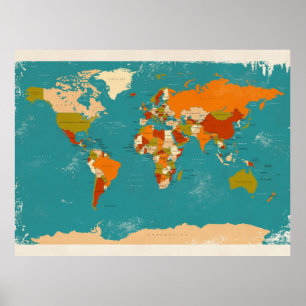 Póster Mapa político retro do mundo