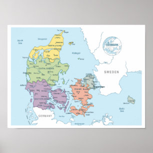 Poster Mapa pormenorizado da Dinamarca
