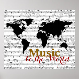 Póster mapa preto com notas musicais