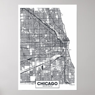 Póster Mapa preto e branco da cidade de Chicago, Illinois