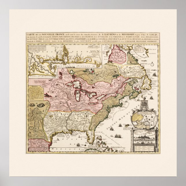 Póster Mapa Quebec Nova França América por Francês (Frente)