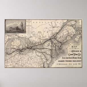 Póster Mapa Railway do tronco grande de Chicago, 1887