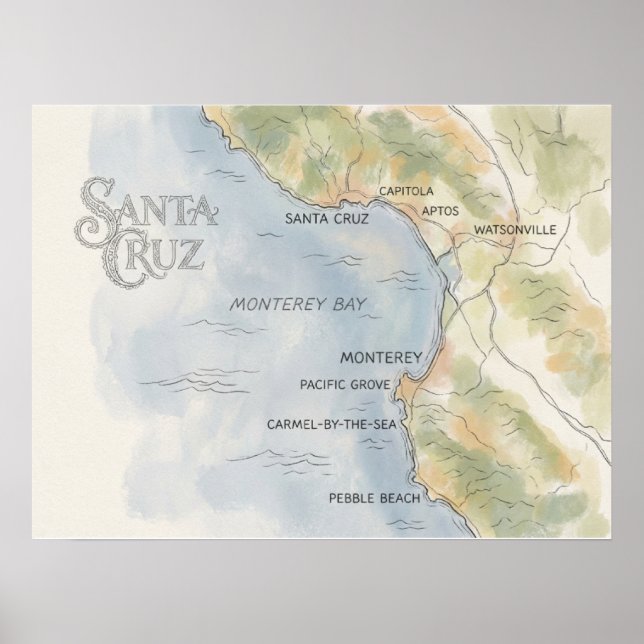 Poster Mapa Regional da Baía de Monterey Califórnia (Frente)