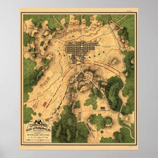 Poster Mapa Restaurado da Batalha de Gettysburg, 1863 (Frente)