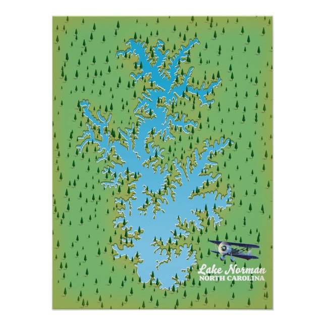 Póster Mapa retrô do Lago Norman Carolina do Sul (Frente)