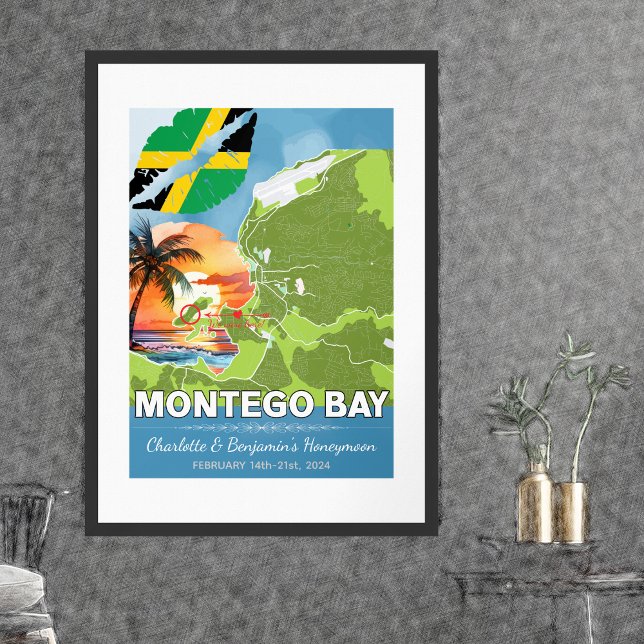 Poster Mapa Romântico de Montego Bay Jamaica, lua de mel (Montego Bay Jamaica Romantic Honeymoon Poster - Sketch Mockup)