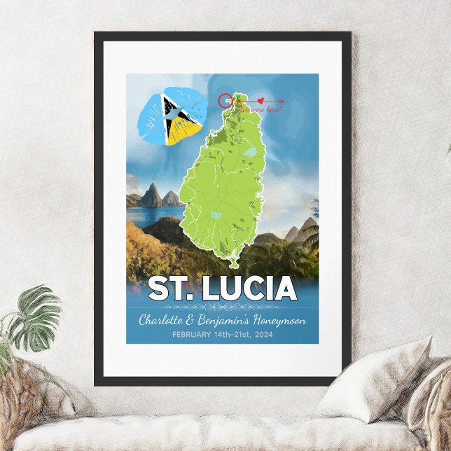 Poster Mapa Romântico de Ruas de Lucia Caribe da Lua de m (Romantic Honeymoon Vacation To St Lucia Map Poster - Sketch Mockup)