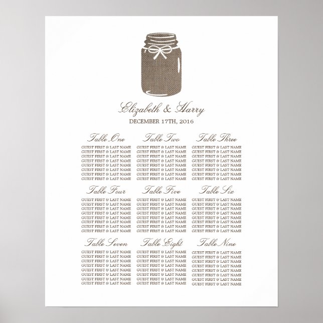 Poster Mapa Rustic Burlap Mason Jar - Seating Chart (Frente)