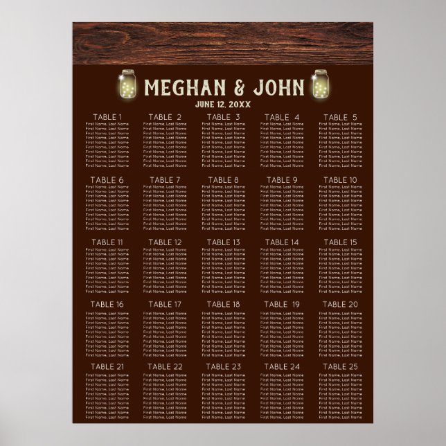 Poster Mapa Rustic Country Mason Lights Seating Chart (Frente)