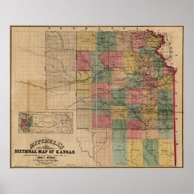 Poster Mapa Seccional de Mitchell do Kansas (1859) (Frente)