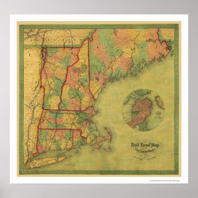 Póster Mapa Telegraph Boston Railroad 1854 (Frente)