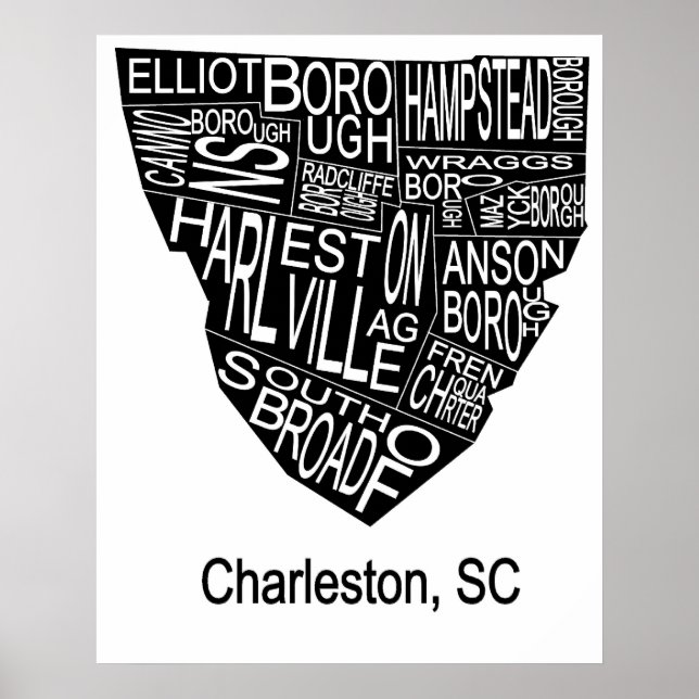 Poster Mapa tipográfico de Charleston negativo (Frente)