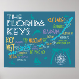 Póster Mapa tipográfico de Florida Keys com nomes colorid
