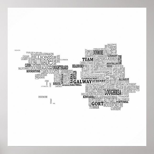 Poster Mapa tipográfico negro de Co. Galway, Irlanda (Frente)