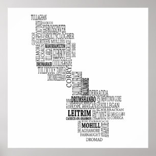 Póster Mapa tipográfico negro de Co. Leitrim, Irlanda