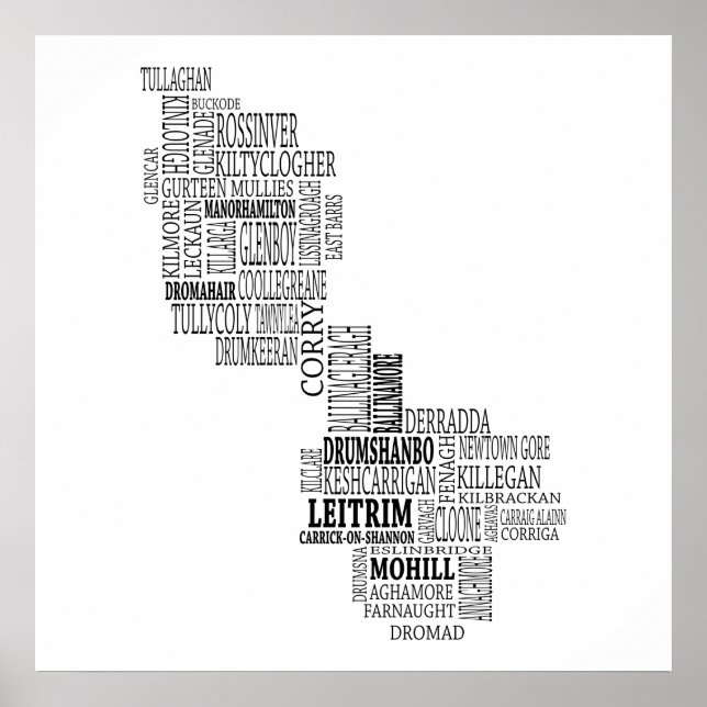 Póster Mapa tipográfico negro de Co. Leitrim, Irlanda (Frente)