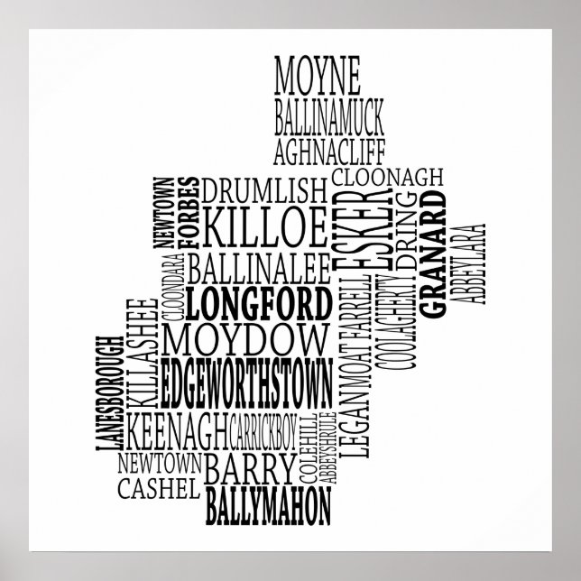 Poster Mapa tipográfico negro de Co. Longford, Irlanda (Frente)