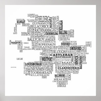 Poster Mapa tipográfico negro de Co. Mayo, Irlanda