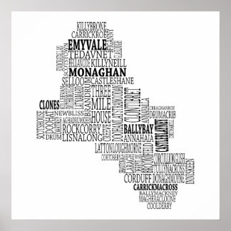 Póster Mapa tipográfico negro de Co. Monaghan, Irlanda
