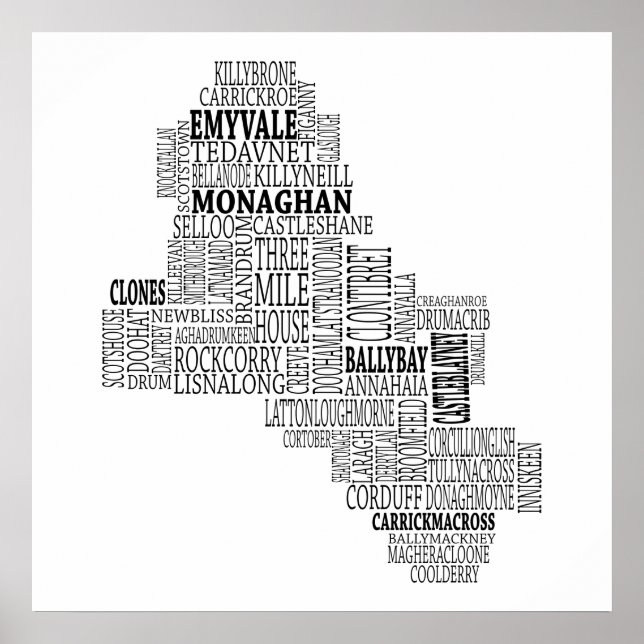 Póster Mapa tipográfico negro de Co. Monaghan, Irlanda (Frente)