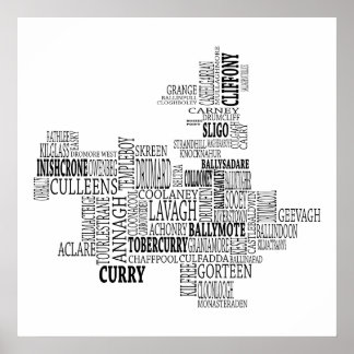 Póster Mapa tipográfico negro de Co. Sligo, Irlanda