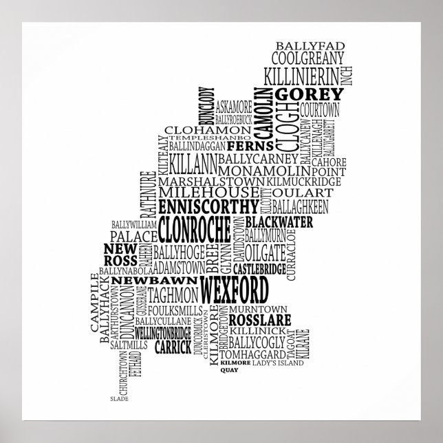 Poster Mapa tipográfico negro de Co. Wexford, Irlanda (Frente)