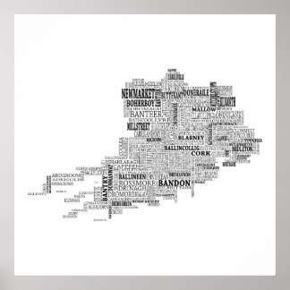 Póster Mapa tipográfico negro de County Cork, Irlanda