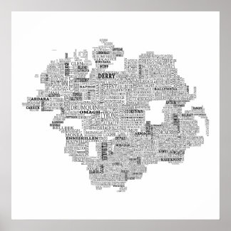 Póster Mapa tipográfico negro de Ulster, Irlanda