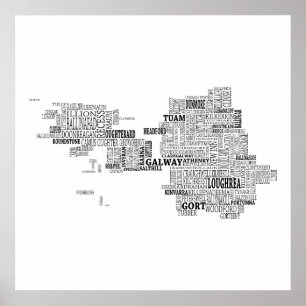 Poster Mapa tipográfico preto de Co. Galway, Ireland