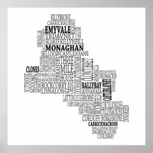 Póster Mapa tipográfico preto de Co. Monaghan, Ireland