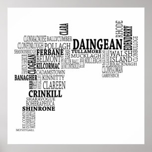 Póster Mapa tipográfico preto de Co. Offaly, Ireland