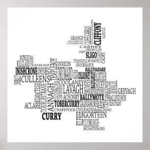 Póster Mapa tipográfico preto de Co. Sligo, Ireland