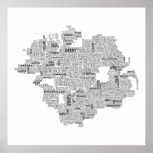 Póster Mapa tipográfico preto de Ulster, Ireland