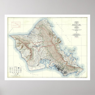 Poster Mapa topográfico 1938 de Oahu Havaí