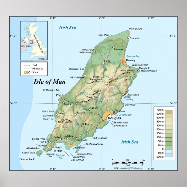 Póster Mapa Topográfico da Ilha de Man (Frente)
