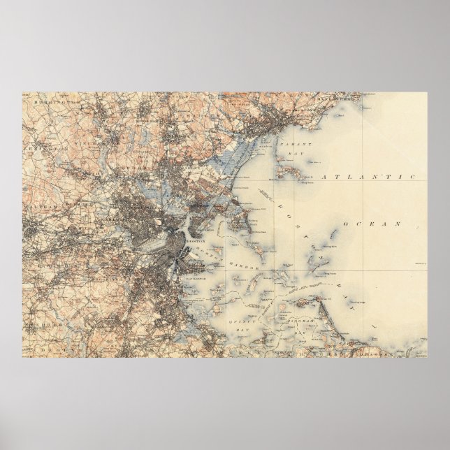 Póster Mapa Topográfico de Boston Vintage (1900) (Frente)